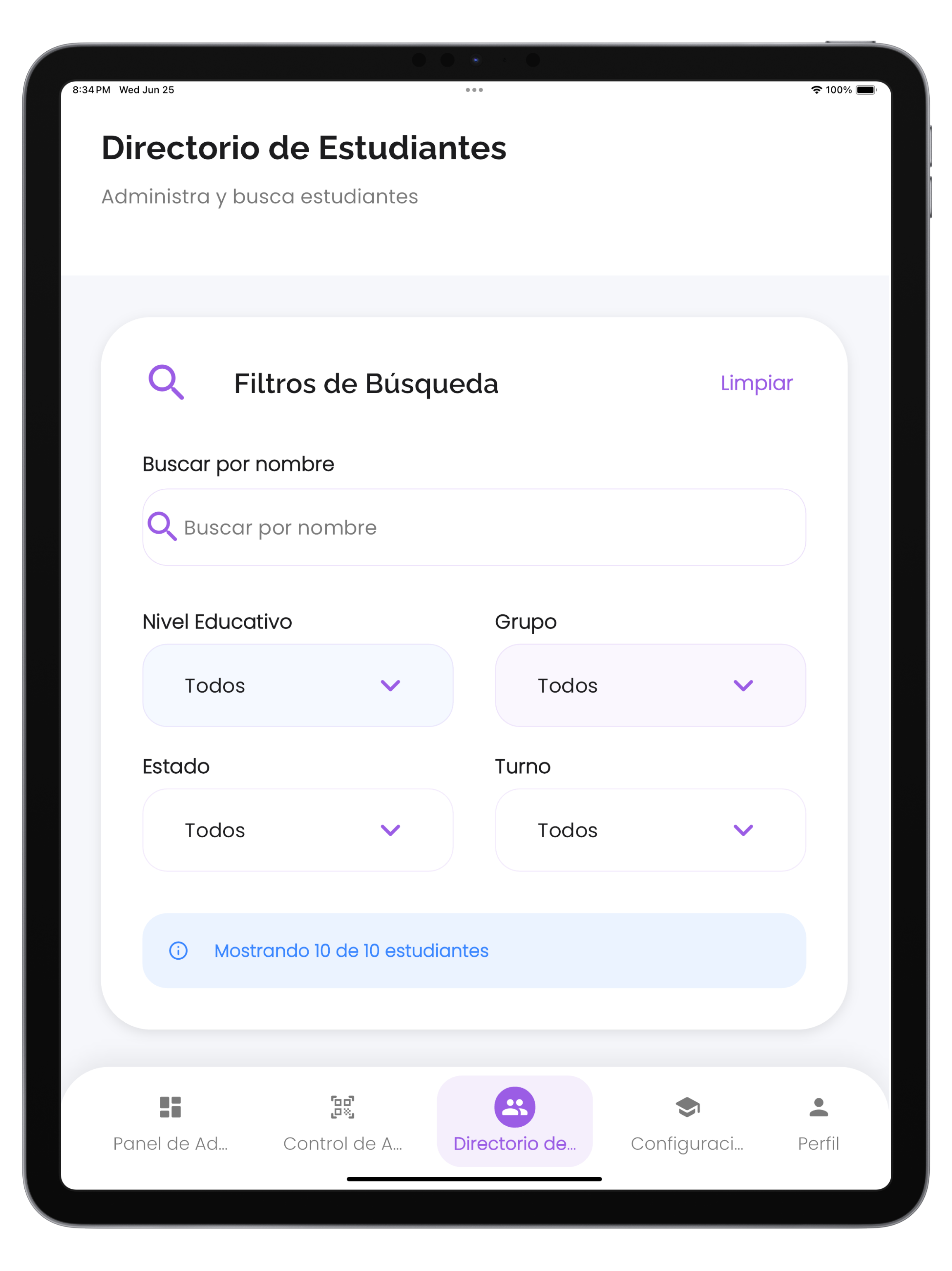 Directorio de Estudiantes - Filtros